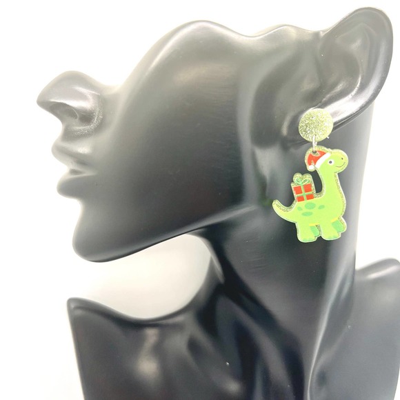 Christmas Dino Earrings - Dinosaur Earrings - Santa Earrings - Holiday Earrings - Picture 7 of 8